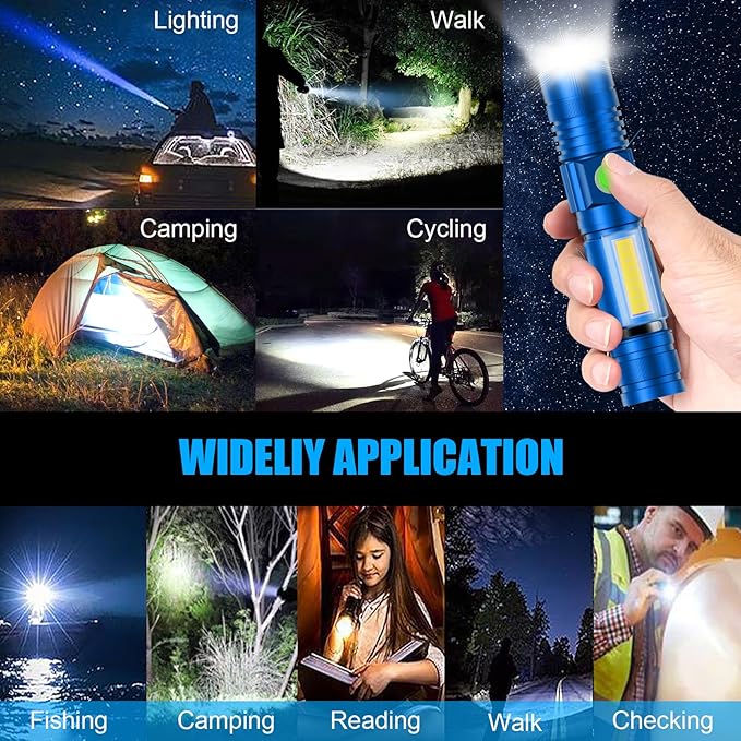 Hoxida Flashlight USB Rechargeable, Magnetic LED Flashlight, Super Bright LED Tactical Flashlight with Cob Sidelight, Waterproof, Zoomable Best Small LED Flashlight for Camping, Emergency - Blue