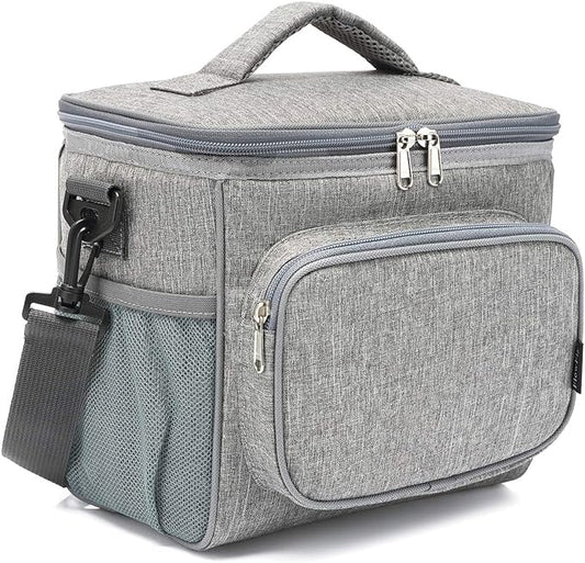 FlowFly Insulated Reusable Lunch Bag Adult Large Lunch Box for Women and Men with Adjustable Shoulder Strap,Front Zipper Pocket and Dual Large Mesh Side Pockets,Grey