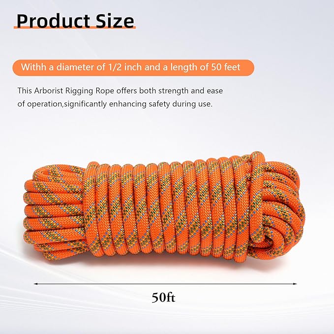 Climbing Rope, 1/2 Inch x 50 Feet Double Braided Arborist Rope Polyester for Outdoor, Climbing, Hiking, Swing, Tree Work, Halyard, Sailing etc(Orange)
