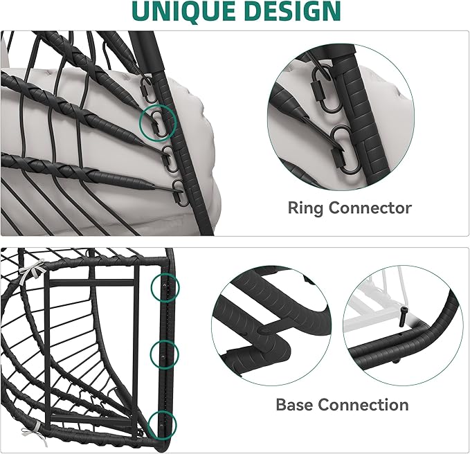 YITAHOME Hanging Egg Chair with Stand, Rattan Wicker Swing Egg Chair with Resistant Cushion, 370lbs Capacity, Foldable Hanging Basket Chair for Porch, Garden, Bedroom, Balcony - Grey