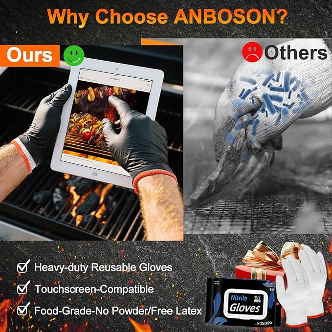 BBQ Gloves 50 Disposable nitrile Gloves with 2 Reusable Cotton Liners Guantes for Cooking Food Prep,Powder Latex Free,Heat Resistant for Grilling, Barbecue, Smoker Guante Heat Froof for Men - XLarge