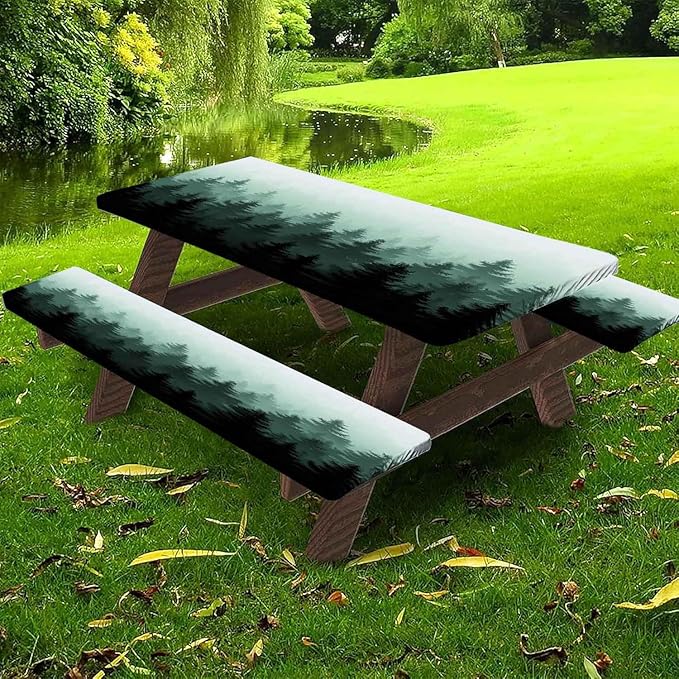 CAPSCEOLL Fitted Picnic Table Cover with Bench Covers with Elastic 6Ft Waterproof Camping Picnic Table Cover Cloths for Outdoors Camping Tablecloth with Drawstring Bag, 72X30in, Green Forest