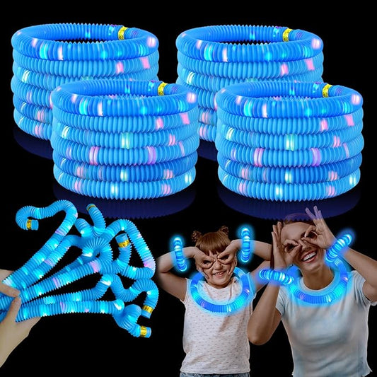 Blue Glow Sticks Party Favors for Kids 24 PCS,LED Light up Pop Tubes for Toddlers, Neon Necklaces Bracelets Accessories, Glow Birthday Wedding Dance Party Supplies Camping Toys Decorations