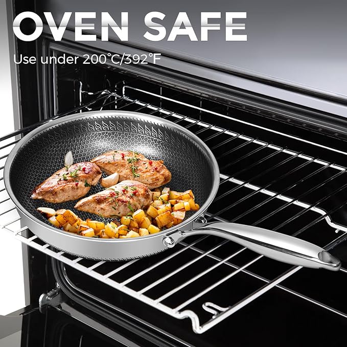 10.5 inch Frying Pan Nonstick with Lid, 2.5 Qt Deep Non Stick Stainless Steel Sauté Pan Skillet, Dishwasher and Oven Safe, Compatible with All Cooktops