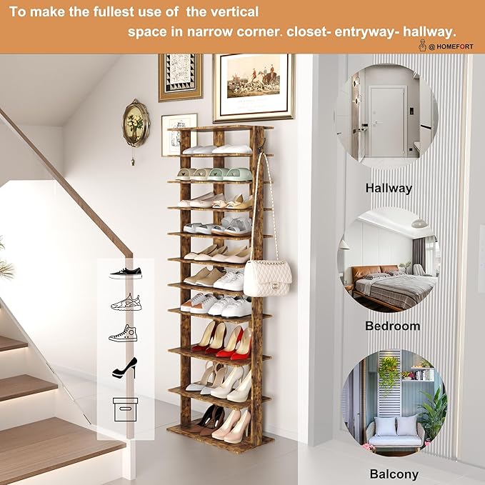 HOMEFORT 10-Tier Vertical Shoe Rack, Corner Shoe Tower, Double Rows 10 Tiers Shoe Shelf, Slim Shoe Storage Unit for 20 Pairs of Shoes, Shoe Stand for Entryway, Hallway, Closet (Rustic Brown)