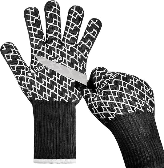 HandLove BBQ Gloves, Oven Gloves with Fingers – Heat Resistant Gloves for Grilling | Silicone Grip, Long Cuff Mitts - Kitchen & Outdoor Barbecue, Cooking, Baking, Black,L