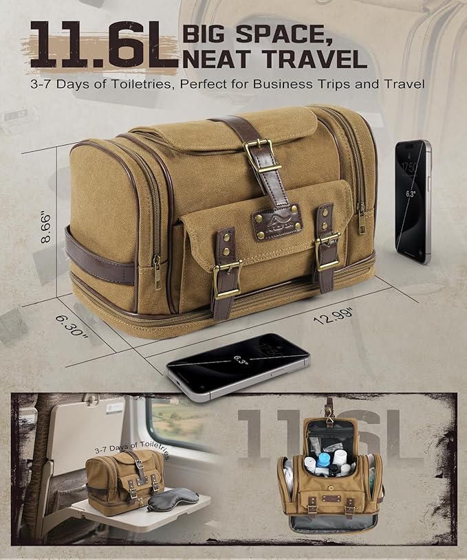 ARCFOX Travel Hanging Toiletry Bag for Men, Vintage Canvas Large Toiletry Bag with 7 Compartments, Camping Gym Travel Toiletry Kit Organizer with PVC Wet & Dry Pockets, Personalized Wash Bag, Brown