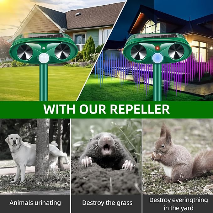 4 Pack 2025 Ultrasonic Solar Animal Repellent Outdoor, Squirrel Fortress Pro Deer Repellent Devices Motion Detection,Waterproof Repeller for Cat Mouse Raccoon Dog Rabbit,Garden Yard Protection