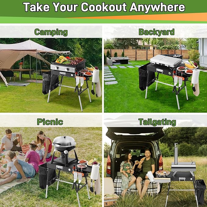 Grill Tables for Outside, Blackstone Griddle Stand with Trash Holder - Fit 17” or 22” Other Tabletop Grill, Folding Portable Ninja Grill Stand& Blackstone Table for Outdoor Tailgate, Camping