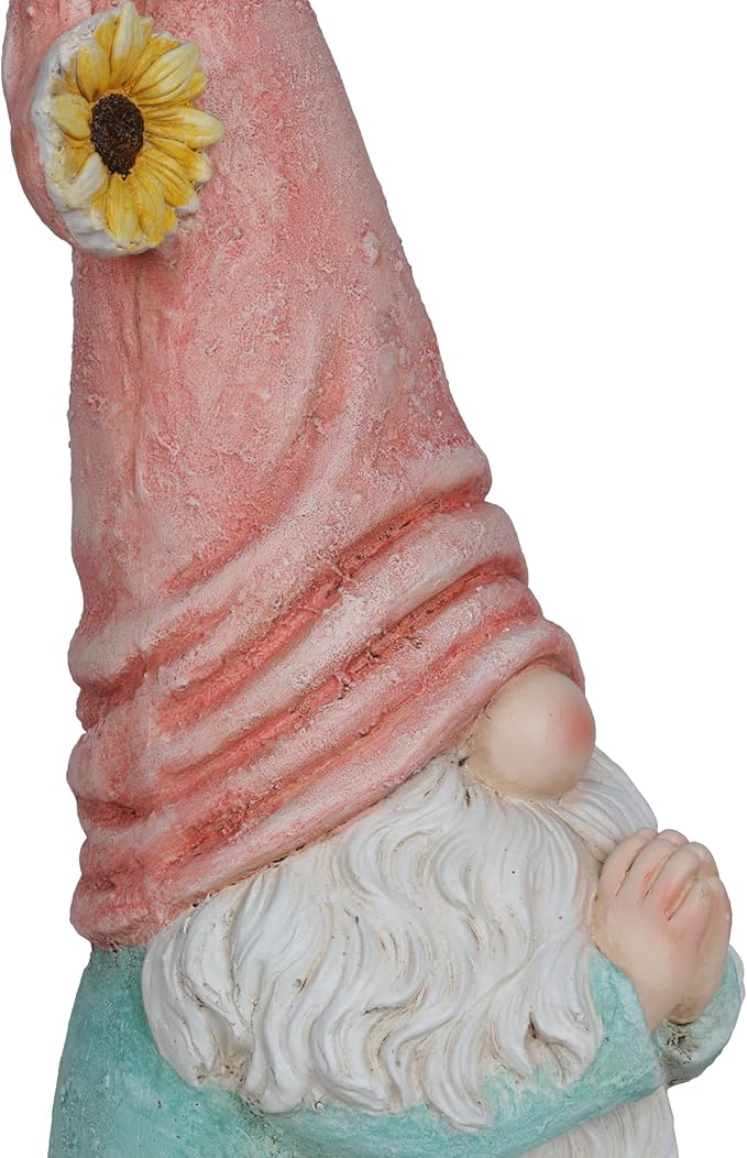 Alpine Corporation MCC846 Indoor/Outdoor Praying Gnome with Sunflower Garden Statue, Peaceful Gnome Statue w/Hat, 23" H, Pink