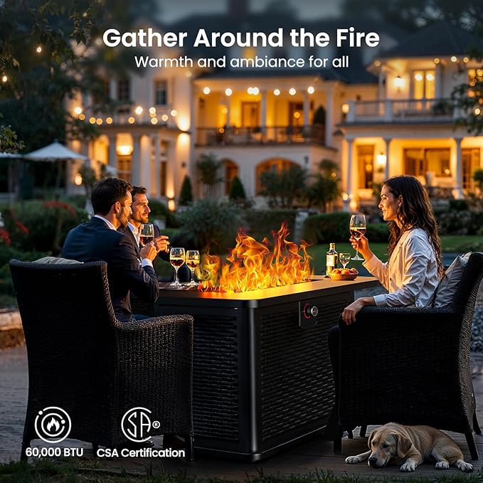 Ciays 43-Inch Rectangular Propane Fire Pit with 60,000 BTU Output, Gas Fire Pit with Cover and Rocks, Fire Pit Table CSA-Certified 2 in 1 Table Gatherings Parties with 304 Stainless Steel H-Burner