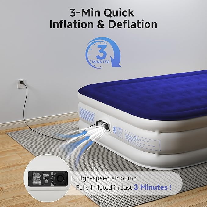 Air Mattress Queen with Built-in Pump 18", Comfortable Self-Inflating Air Mattress with High-Speed Pump, Durable Blow Up Mattress Queen with Storage Bag for Guests, Camping, Travel
