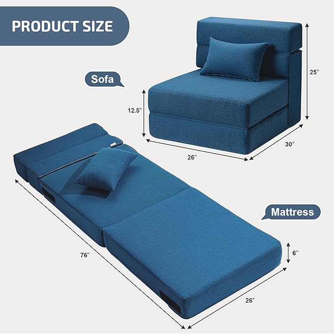 Folding Sofa Bed with Pillow- Convertible Chair Floor Couch & Sleeping Mattress, Foldable Memory Foam Sleeper for Living Room/Dorm/Guest Room/Home Office/Apartment/Loft, Single26, Navy Blue