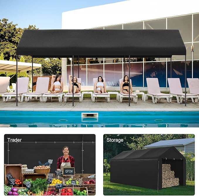 Carport, 10‘ x 20’ Heavy Duty Portable Garage All-Season Car Canopy w/Removable Sidewall & Doors, Carport Canopy Party Tent w/Water-Resistant Tarp for Backyard (Black, 10‘ x 20’)
