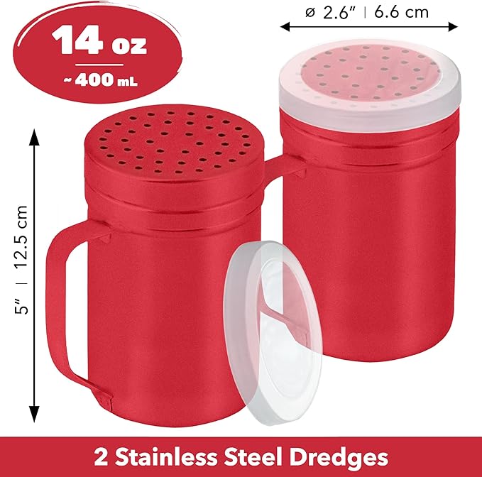 CUSINIUM 14oz Red Stainless Steel Salt Pepper Dredge Shakers - With Plastic Cap - With Handle - Pack of 2
