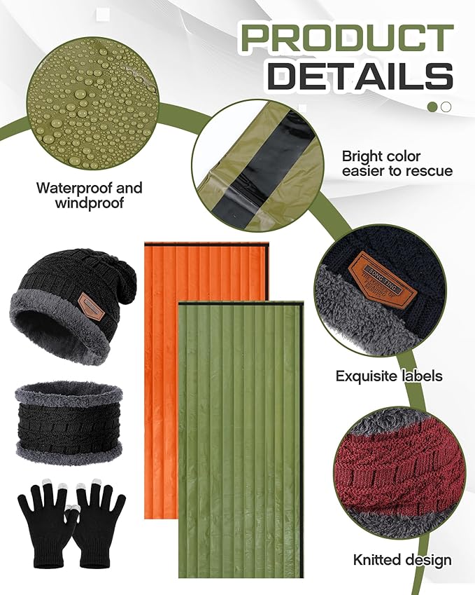 Tranqun Emergency Sleeping Bags Bulk with Winter Hat Gloves Scarf, Survival Sleeping Bag Bivy Sack Waterproof Lightweight Thermal Blanket Gear for Camping Hiking Outdoors Homeless