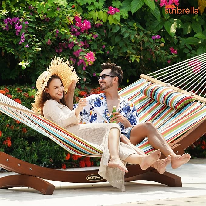 Lazy Daze 12 FT Sunbrella Fabric Hammock with Spreader Bars and Free Pillow Fits for Two Persons, All Weather and Fade Resistant for Patio Yard, 450 lbs Weight Capacity, Carousel Confetti