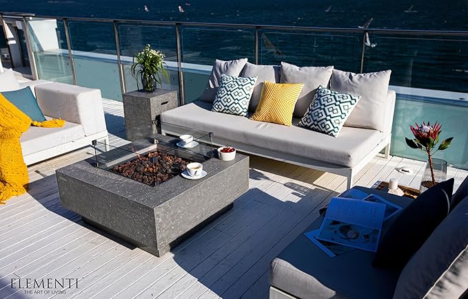 Elementi | Bundle Manhattan Gas Fire Pit Cast Concrete 36" Square Fire Table, Outdoor Fire Pit Electronic Ignition | Canvas Cover, Lava Rock Included | Light Gray (Propane Gas)