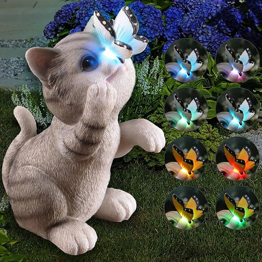 Cat Garden Statue Outdoor Solar Decorations Butterfly Light Figurine Color Changing LED Lights Resin Sculpture Art Decor Patio Lawn Yard Housewarming Gifts for Women Grandma Mom