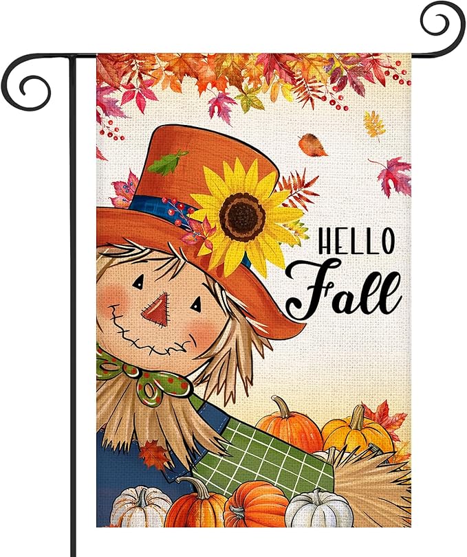 Fall Scarecrow Pumpkin Garden Flag 12x18 Inch Double Sided Burlap Autumn Thanksgiving Sunflower Flag for Outside Farmhouse Garden Yard Lawn Outdoor Decorative