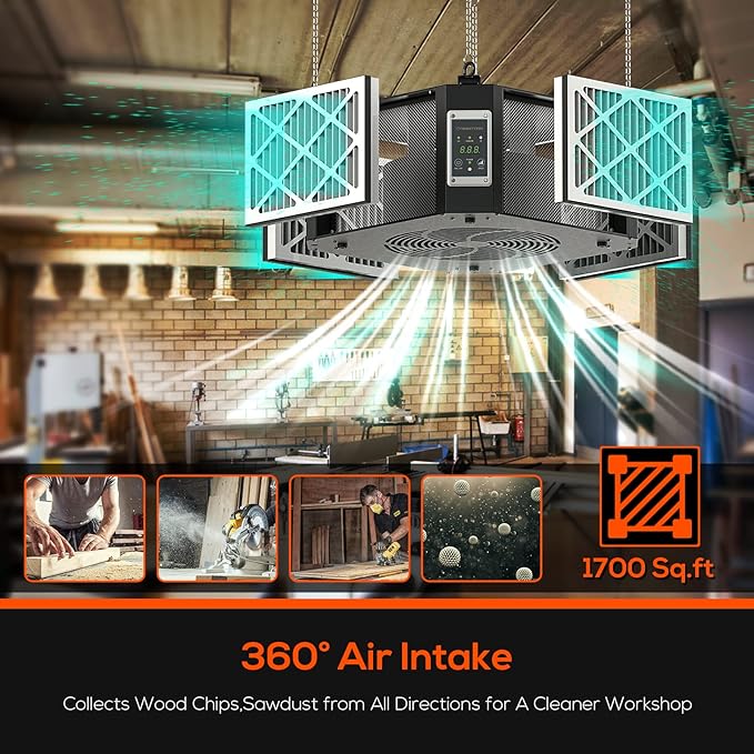 ABESTORM Air Filtration System Woodworking Built-in Ionizer, 1350CFM Hanging Air Filter with Strong Vortex Fan, 360 Degree Intake, Shop Dust Collector for Woodworking, Garage WorkShop, DecDust 1350IG