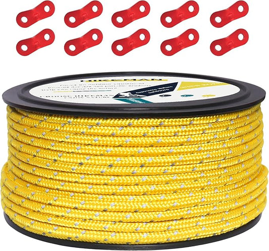 HIKEMAN 50m Reflective Guyline Solid Braid Nylon Camping Rope with Aluminum Adjuster Cord Tensioner Tent Accessory for Outdoor Travel,Hiking,Backpacking and Water Activities (Yellow, 5mm)