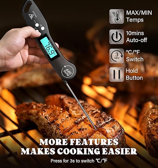 DOQAUS Digital Meat Thermometer, Instant Read Food Thermometers for Cooking, Kitchen Probe with Backlit & Reversible Display, Wide Temperature Range for Turkey, Grill, BBQ, Baking, Bread, Sourdough