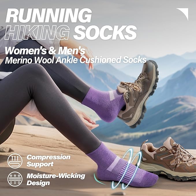 6 Pairs Merino Wool Ankle Running Hiking Socks Compression Support Breathable Thick Cushion No Show Socks for Women Men