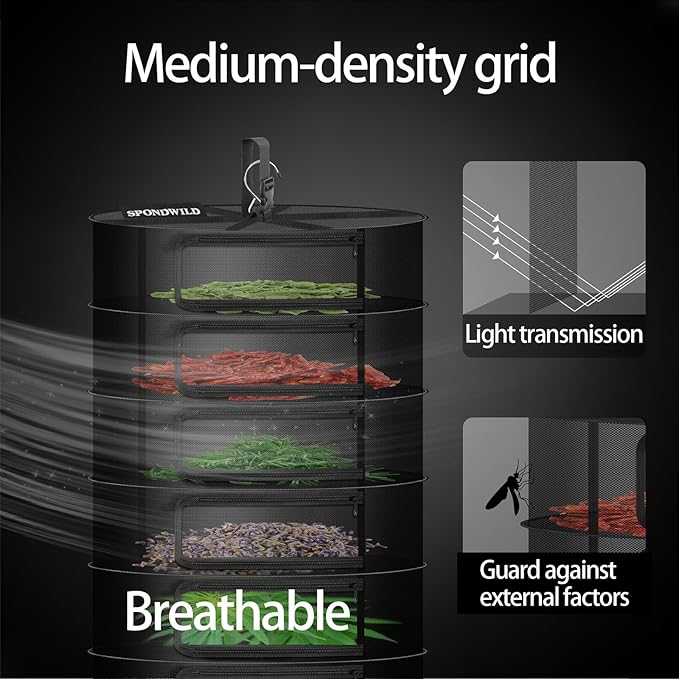 Herb Drying Rack Hanging Mesh Net，6+1 Layer Plant Drying Rack with Door-Type Zipper & Closed Storage Compartment for Folding Basket Dryer Fit in Grow Tents、Garden Outdoor