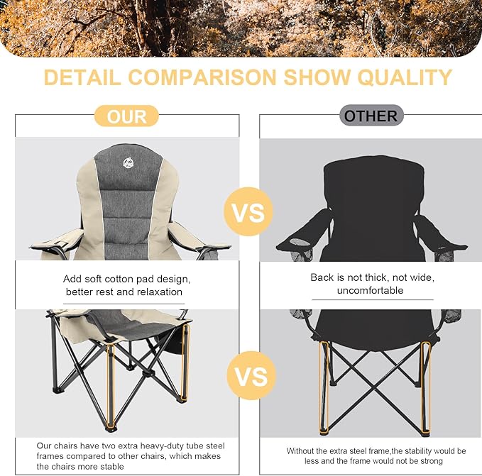 Northroad Oversized Portable Camping Chair, Full Padded Outdoor Folding Chair Support 350 LBS, Heavy Duty Lawn Chair with Cup Holder, Cooler Bag, Lumbar Support, Head Pocket for Adult-Beige