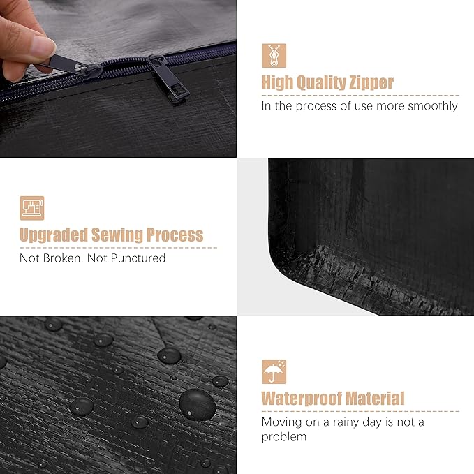 Heavy Duty Moving Bags with Backpack Straps and Strong Handles, Alternative to Moving Boxes and Storage Totes for Dorm Room Essentials, 12 Pack, Black