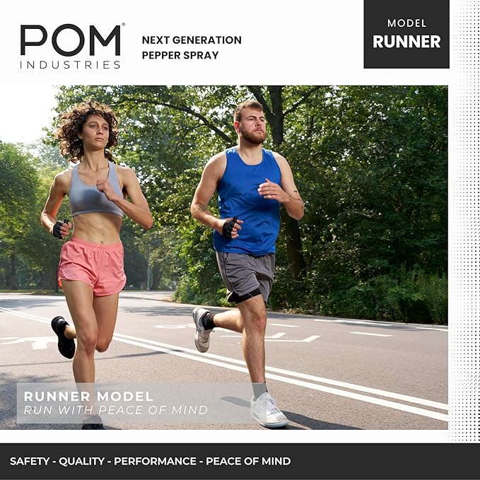 POM Pepper Spray Runner Model - Max Strength OC Spray - Athletic Stretch-Fit Glove, Breathable & Ambidextrous Design, Essential Runners Safety Gear, Flip Top, 35+ Bursts, 10-12 ft Range