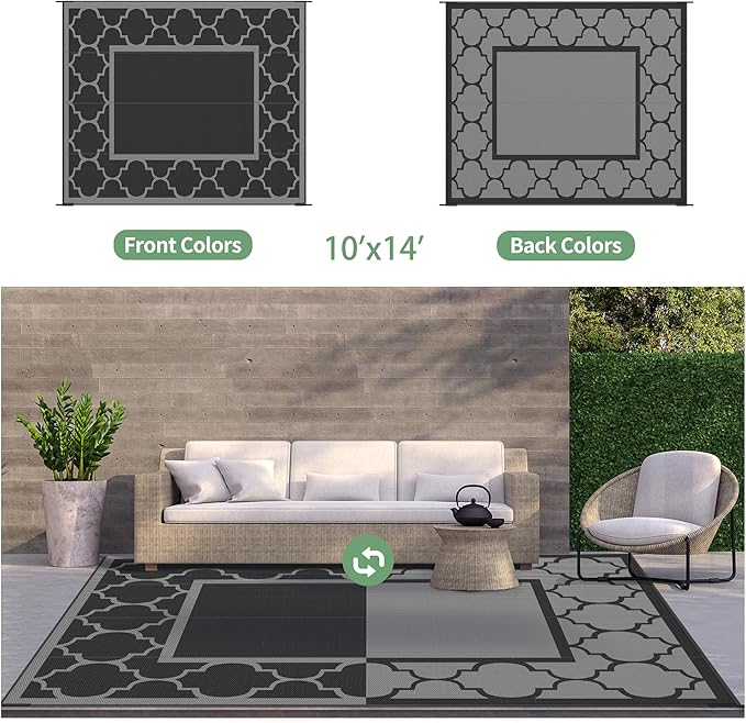 GENIMO 10 ' x 14 ' Outdoor Rug Waterproof for Patio Decor, Foldable Reversible Plastic Straw Area Rugs Mat for Camper, Outside Carpet for Rv, Deck, Porch, Picnic, Beach, Balcony, Black & Grey