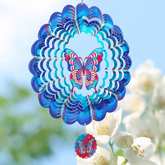 Butterfly Wind Spinners Garden Yard Decor Gift for Women Men, 12 Inch Outdoor Metal 3D Wind Spinner, July 4th American Flag Patriotic Wind Spinner Stainless Steel Hanging Outside Decoration