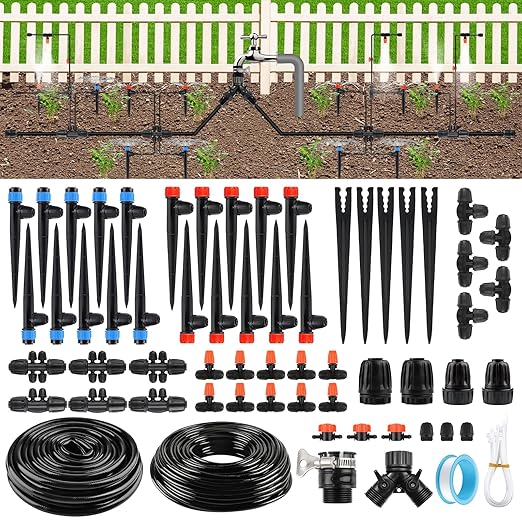 207FT Automatic Drip Irrigation Kits, Kalolary 1/4" 1/2" Adjustable Garden Watering System with 4/7mm 16mm Tube Drip Emitters Locked Fittings Drip Irrigation Parts System for Greenhouse Raised Beds