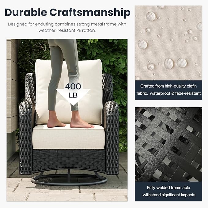 5 Pieces Outdoor Patio Furniture Sets with Rocking Swivel Chairs with 6-inch Thick Cushion and Side Table for Deck Lawn