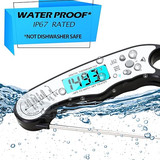 Instant Read Meat Thermometer for Cooking, Fast & Precise Digital Food Thermometer with Backlight, Magnet, Calibration, Foldable Probe, Waterproof Grill Thermometer for Deep Fry. (White Black)