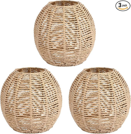 DOITOOL 3Pcs Retro Rattan Woven Pendant Light Cover, Boho Handwoven Rattan Natural Light Fixture, Bulb Guard Lamp Cage for Pendant Light, Lamp Holder, Ceiling Fan Light Bulb (Brown)