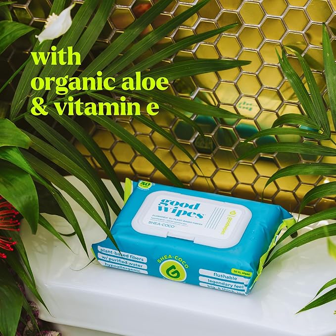 goodwipes Flushable Butt Wipes - Vitamin E & Aloe - Sewer & Septic Safe - Extra Large Adult Wet Wipes For Women & Men - Bathroom Essentials - Shea-Coco, 318 Count (6 Packs + 1 Travel)