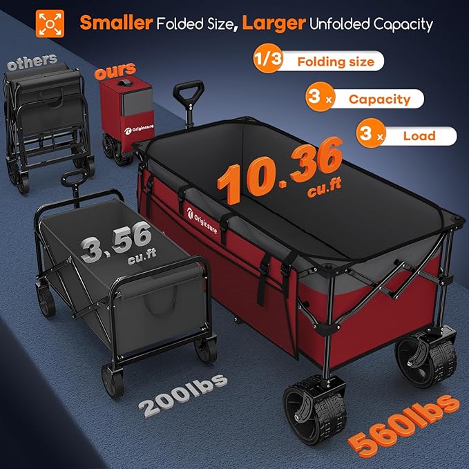 48" L Collapsible Wagon Cart Foldable, 560LB Weight Capacity 300L Heavy Duty Folding Beach Wagons with Big All-Terrain Wheels, Utility Carts for Groceries, Shopping, Camping, Sports - Grey&Red