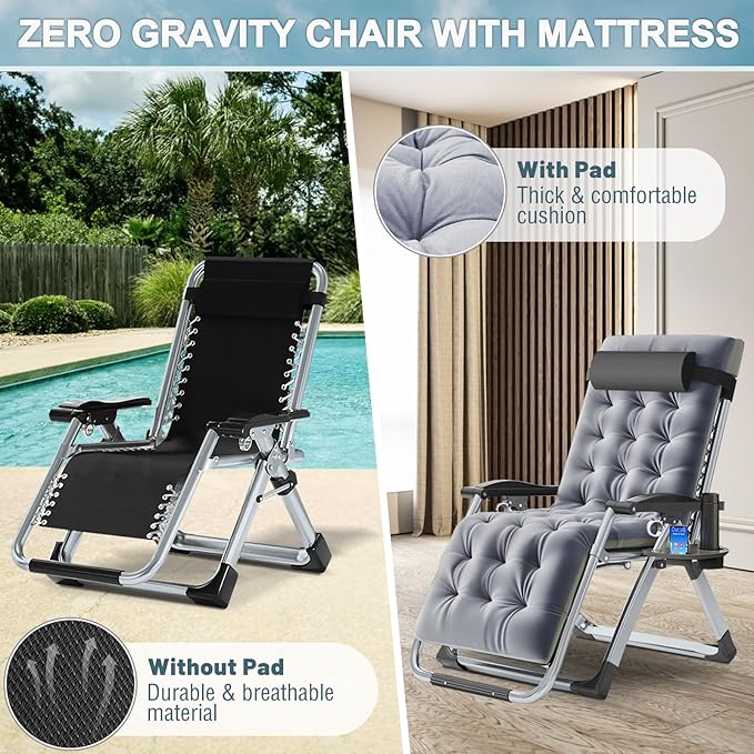 ABORON Zero Gravity Chair,Premium Outdoor Lawn Folding Lounge Chairs,Sturdy Adjustable Reclining Patio Chairs with Removable Cushion,Headrest & Tray