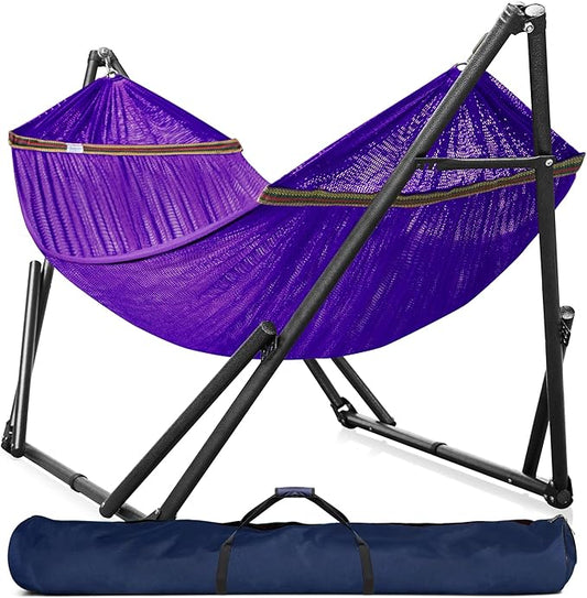 Tranquillo Universal Double Hammock with Stand Included for 2 Persons/Foldable Hammock Stand 600 lbs Capacity Portable Case - Inhouse, Outdoor, Camping, Purple