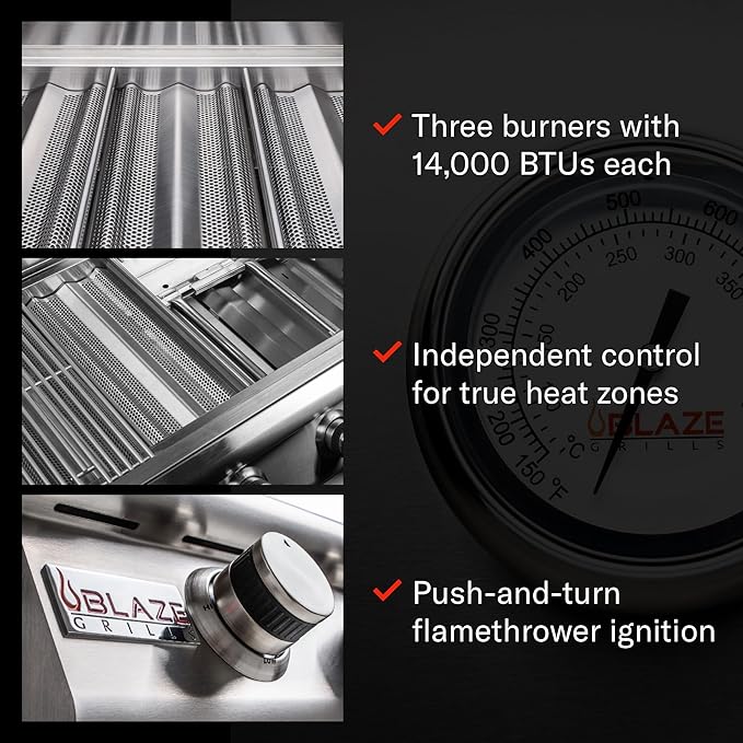 Blaze Outdoor Kitchen Grill | 25- inch Built-in Propane Gas Grill | 3 Burner Barbecue | Premium BBQ | Commercial Grade Grilling Experience | Best in Class Warranty | Prelude LBM BLZ-3LBM-LP