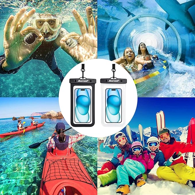 Hiearcool Universal Waterproof Phone Pouch,Underwater Dry Bag for iPhone 16 15 14 13 Pro Max XS Plus up to 8.3",IPX8 Cell Phone Case for Cruise Travel Essentials-Black&Clear-2Pack