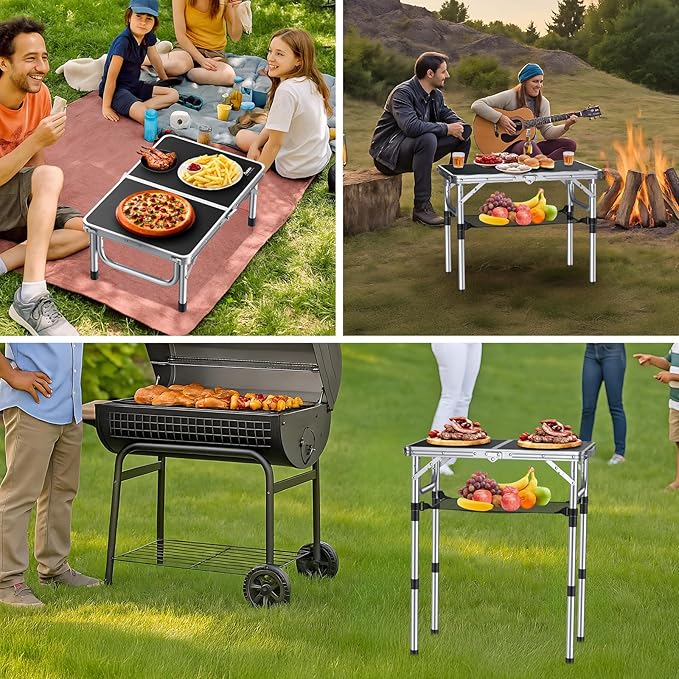 Folding Camping Table, Aluminum 24" x 16" Adjustable Height Small Folding Table with Carrying Handle, Lightweight, Portable Camping Table Waterproof for Outdoor Indoor Picnic Beach BBQ (Black)