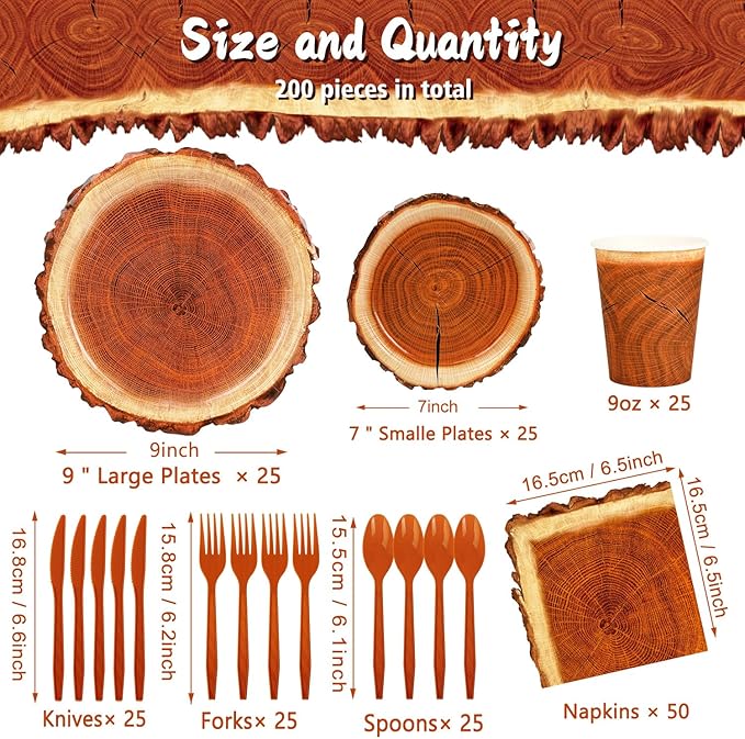 200 Pieces Camping Wood Grain Slice Party Supplies Set Paper Plate Cup Napkin for Camping Woodland Baby Shower Lumberjack Birthday Featuring a Round Wooden Slice Die Cut Edge Design Serve 25