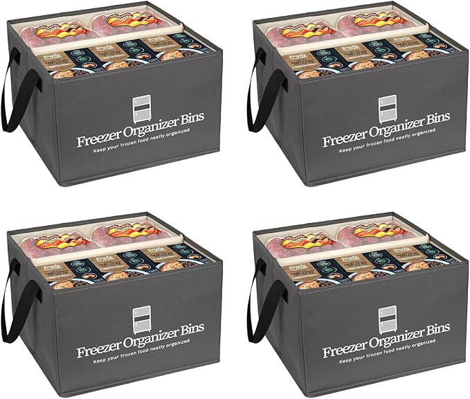 Freezer Organizer Bins, 4 Pack Collapsible Deep Freezer Organizer Bins for 15"x14"x9", freezer Storage Bins with Removable Dividers, Handles (Dark Grey, 4 Pack)