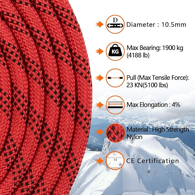 AOLEBA 10.5 mm Static Climbing Rope 10M(32ft) 20M(64ft) 30M(96ft) 50M(160ft) 70M(230ft) Outdoor Rock Climbing Rope, Escape Rope Ice Climbing Equipment Fire Rescue Parachute Rope