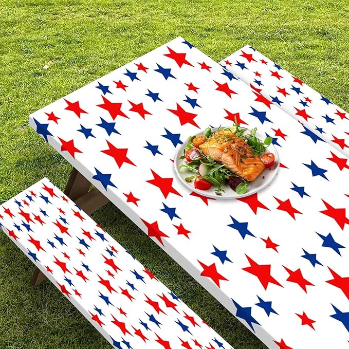 CAPSCEOLL Picnic Table Cover with Bench Covers 4Th of July Waterproof Camping Tablecloth All-Weather Outdoor Table Protector with Drawstring Bag for Camping Essentials, 72X30in, Stars