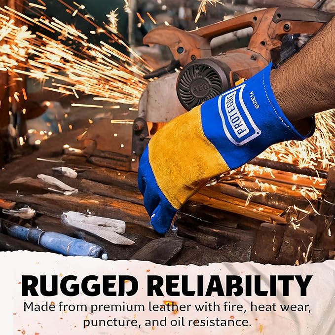 16” Welding Gloves – Heavy-Duty Heat & Flame Resistant Cowhide Leather, Kevlar-Stitched, 932℉ Protection for MIG, Stick, Forge, Fireplace, BBQ, Wood Stove (𝐁𝐥𝐮𝐞/𝐘𝐞𝐥𝐥𝐨𝐰)